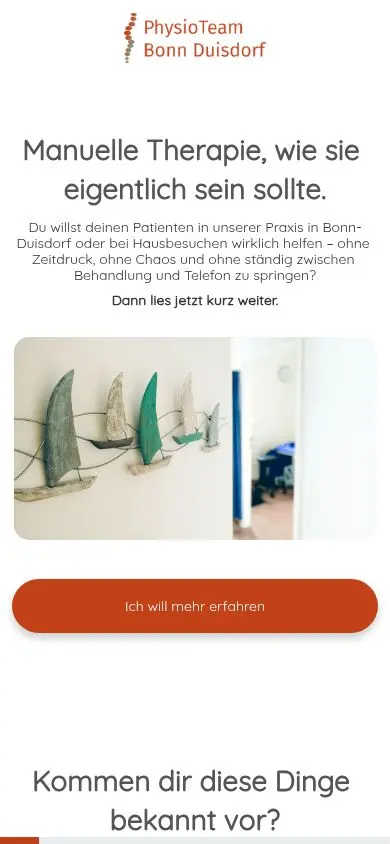 Cookie-freie mobile Ansicht der Jobseite Physiotherapie