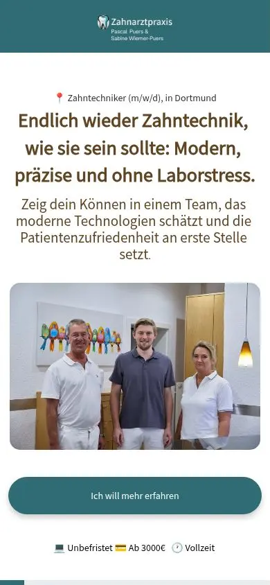 Cookie-freie mobile Ansicht der Jobseite Zahntechnik