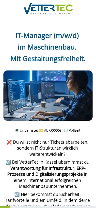 Cookie-freie mobile Ansicht der Jobseite IT-Management
