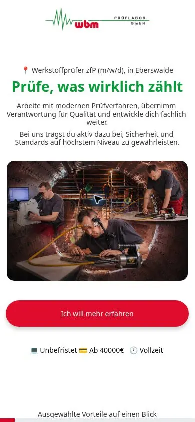 Cookie-freie mobile Ansicht der Jobseite Prüflabor