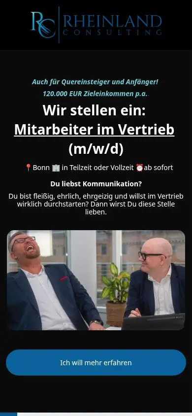 Cookie-freie mobile Ansicht der Jobseite Vertrieb