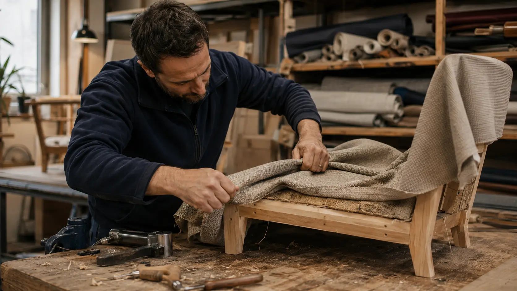 Illustrative Arbeitsszene mit einem Handwerker bei der Möbel- und Polsterfertigung