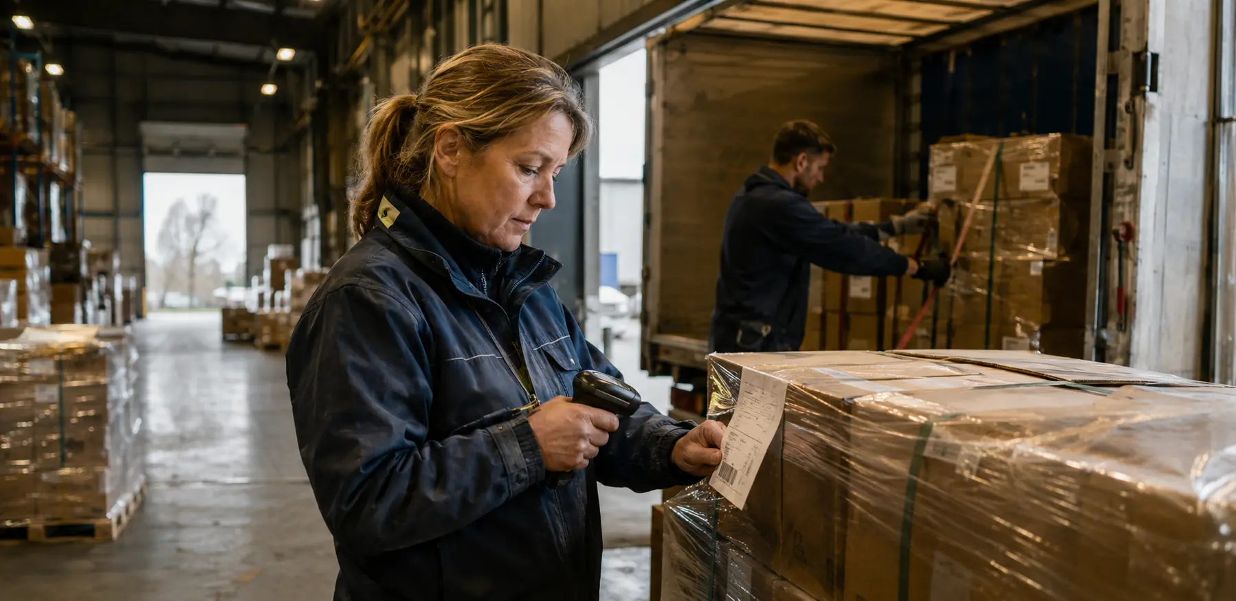 Illustrative Arbeitsszene mit einer Beschäftigten in einer Logistikhalle