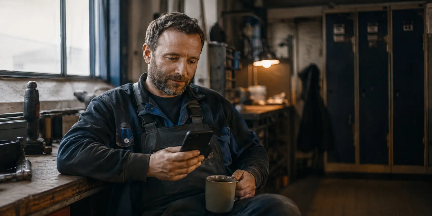 Illustrative Arbeitsszene mit einem Handwerker in einer Werkstatt