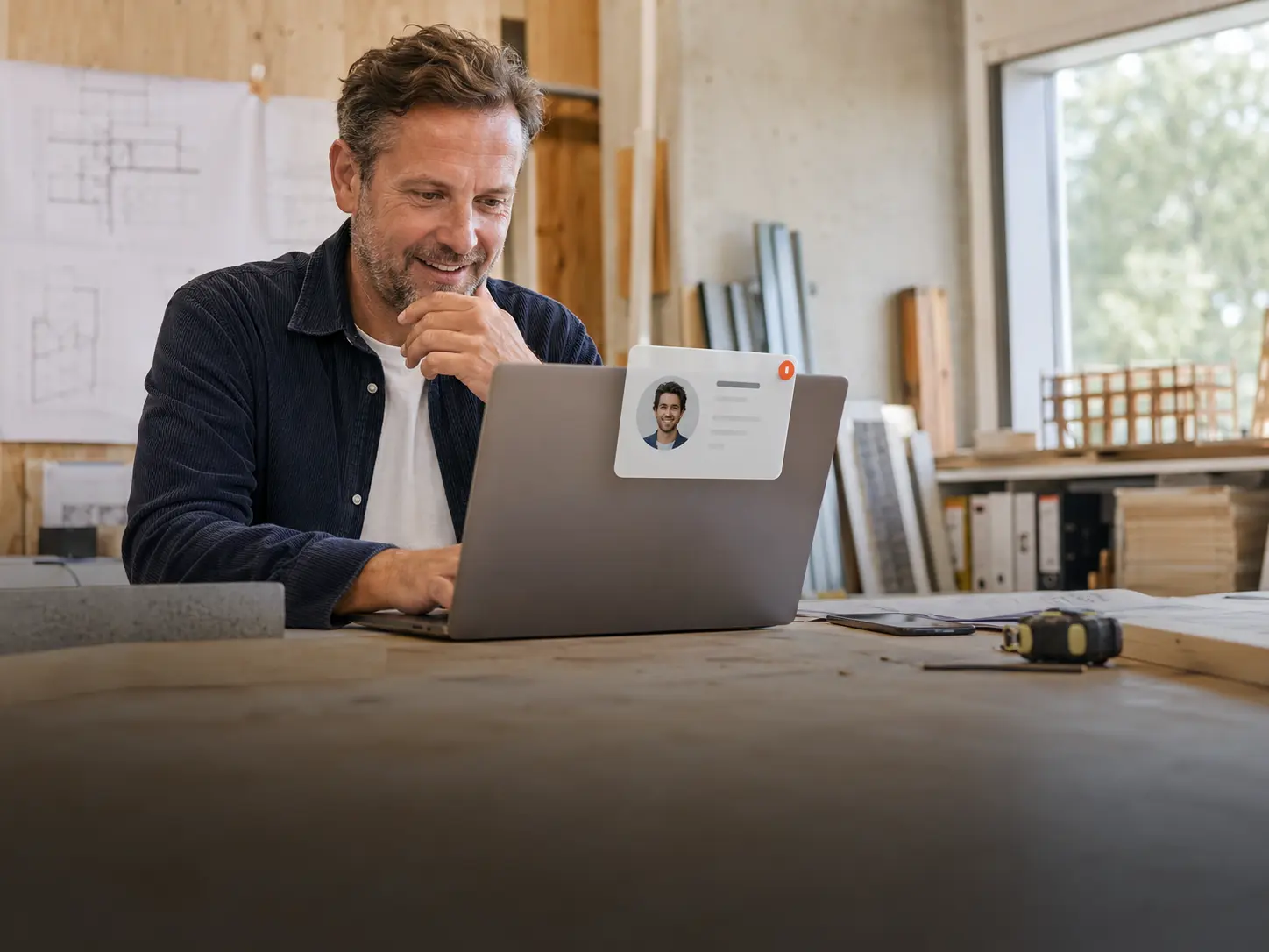 Ein Bauleiter sieht im hellen Baustellenbüro eine neu eingegangene Bewerbung am Laptop