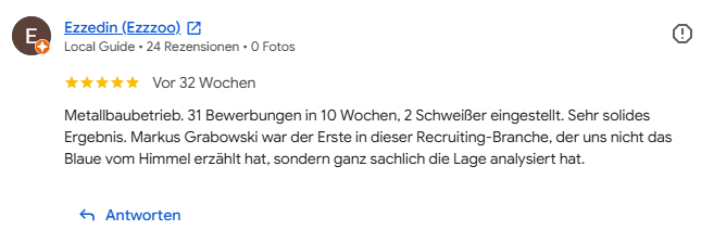 5-Sterne-Google-Bewertung von Ezzedin über zwei eingestellte Schweißer
