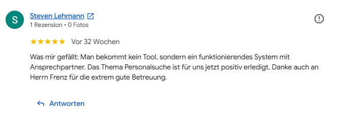 5-Sterne-Google-Bewertung von Steven Lehmann über die Personalmaschine